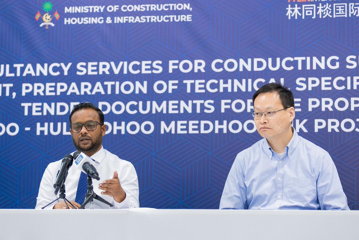 MIHUDmv's tweet photo. The signing ceremony for the consultancy services of the proposed Hithadhoo-Hulhudhoo-Meedhoo Link Bridge Project was held today. The agreement was signed by the Minister of Construction, Housing and Infrastructure, Dr. Abdulla Muththalib, and the President of T.Y. Lin International (China), Mr. Chen Xiaohu.

The consultancy services include conducting surveys, design development, and preparing the technical specifications and tender documents.