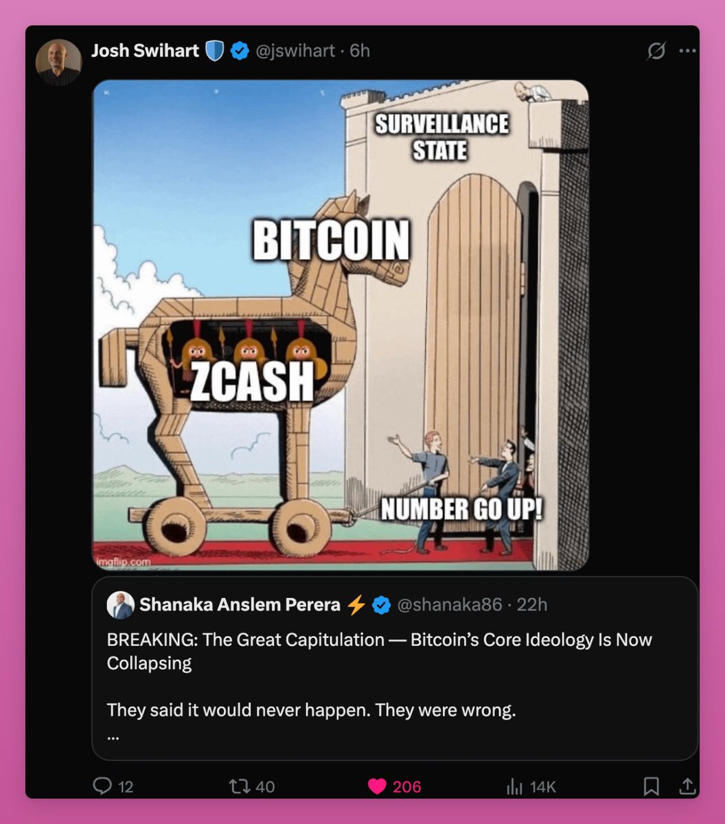 Zcash가 비트코인 안에 숨겨진 트로이 목마로 표현된 밈의 스크린샷 — 감시 국가의 침투를 상징