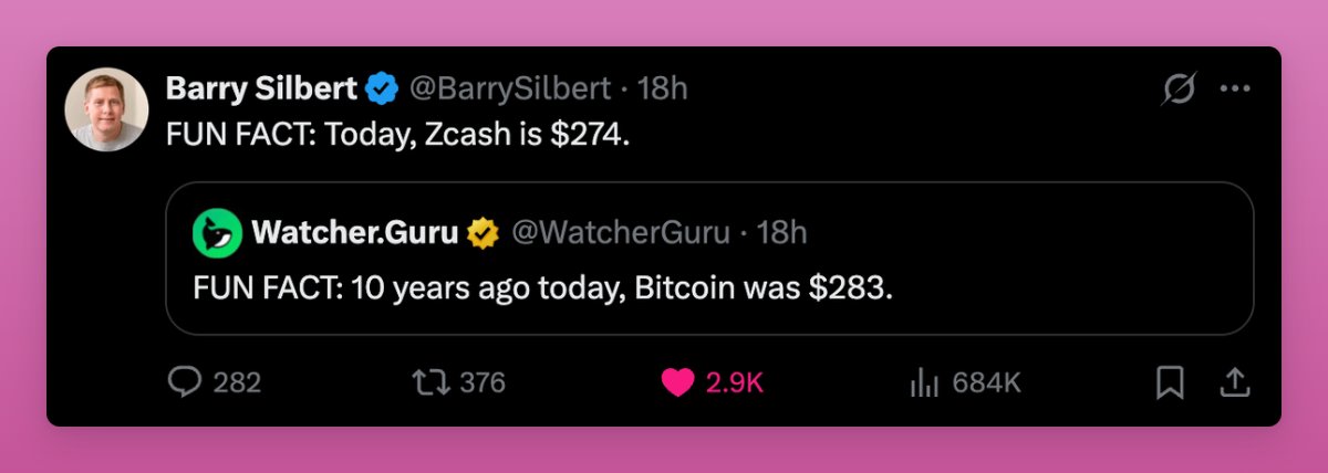 Zcash의 현재 가격을 10년 전 비트코인과 비교한 Barry Silbert의 재미있는 트윗 스크린샷