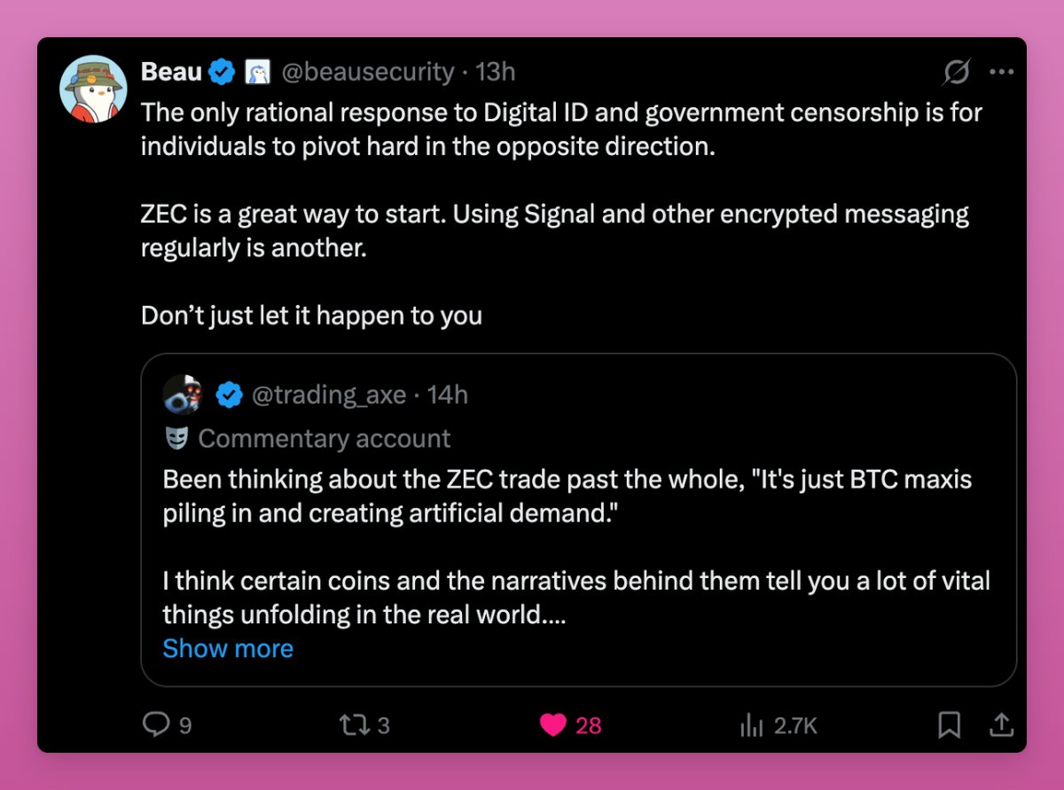 디지털 ID와 검열에 대한 대응책으로 ZEC를 홍보하는 Beau의 트윗 스크린샷