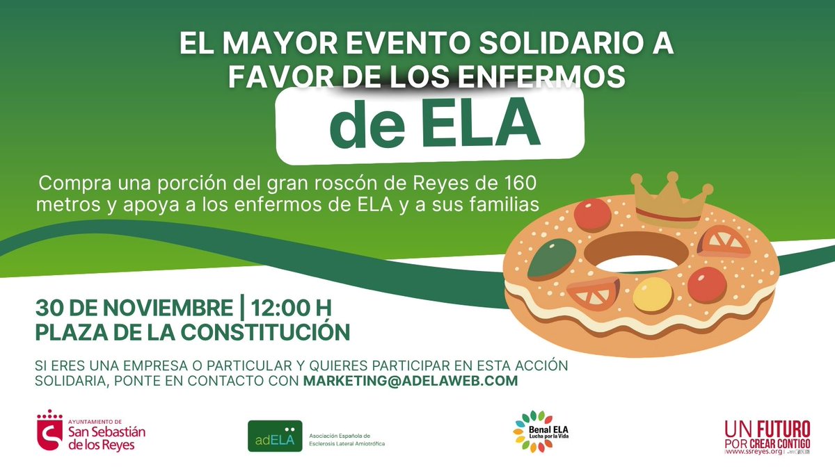 El domingo 30 de noviembre, a las 12:00 h., la Plaza de la Constitución de San Sebastián de los Reyes.
Un gran #evento #solidario en apoyo a las personas afectadas por Esclerosis Lateral Amiotrófica (ELA) y sus familias. 
+ Info en
laplazadesanse.es/-/san-sebasti%…