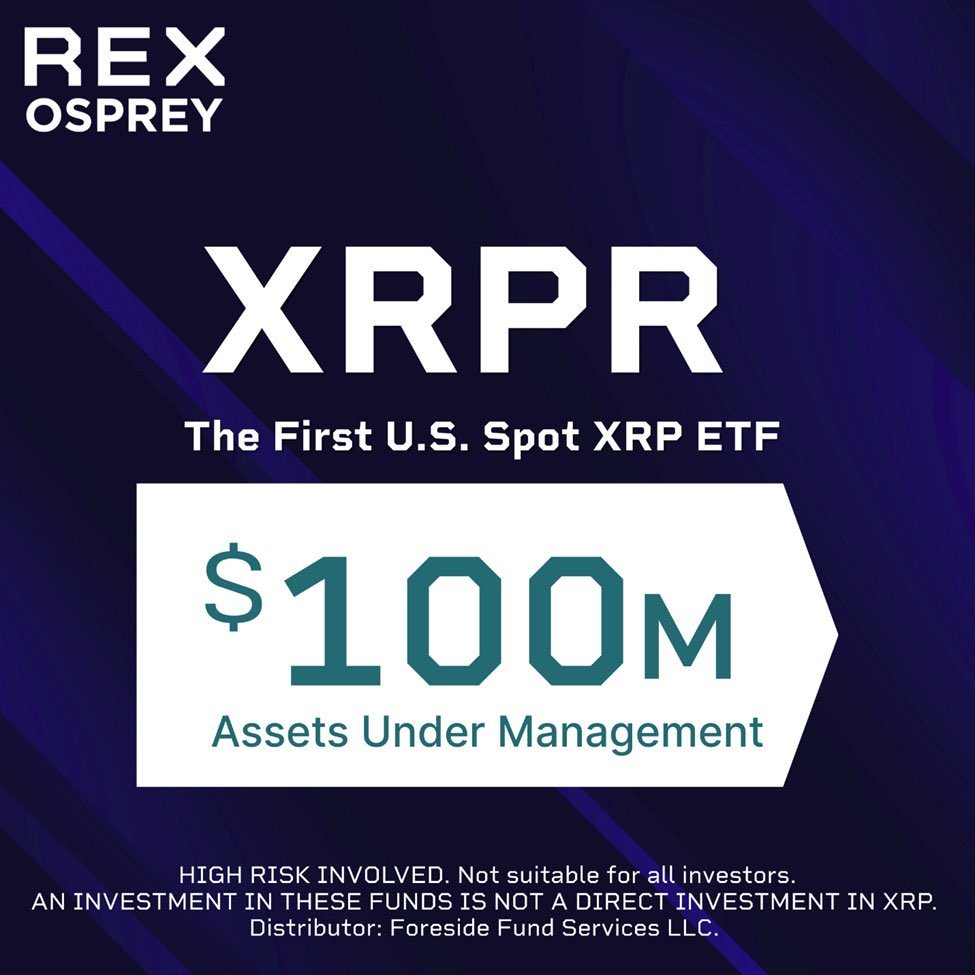 Cryptobless7070's tweet photo. 💥JUST IN: $XRP ETF HITS $100 MILLION

The first U.S. spot #XRP ETF, REX‑Osprey's $XRPR, passes $100M 

BULLISH 🚀 https://t.co/J0GcxMLHKC