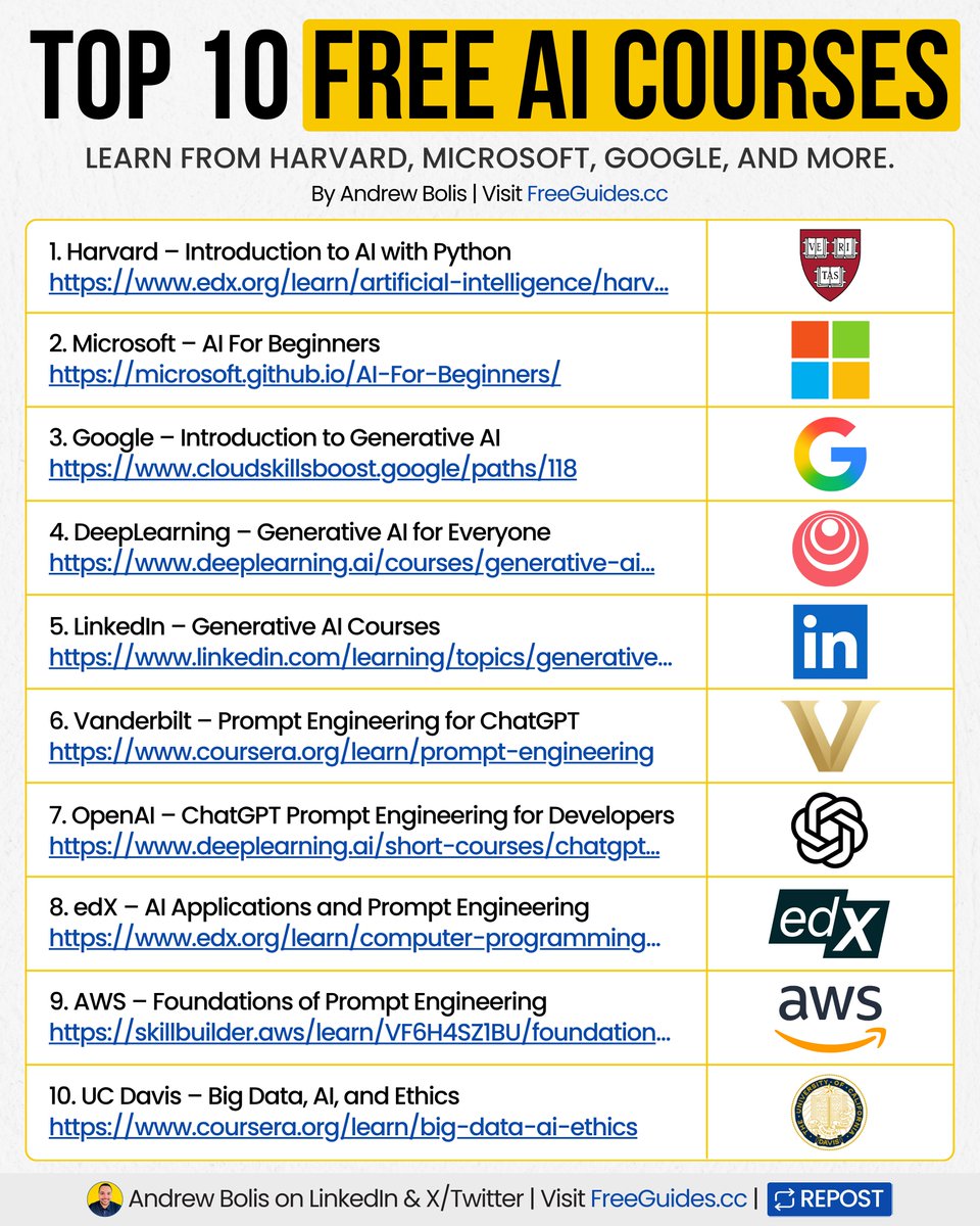 AndrewBolis's tweet image. Top 10 Free AI Courses to Upgrade Your Skills.
Learn from Harvard, Microsoft, Google, and more.
No payment required to build skills & advance career.
Master AI, prompting, and automation all in one place.
Here’s the full list with direct links below:
[ bookmark this thread…