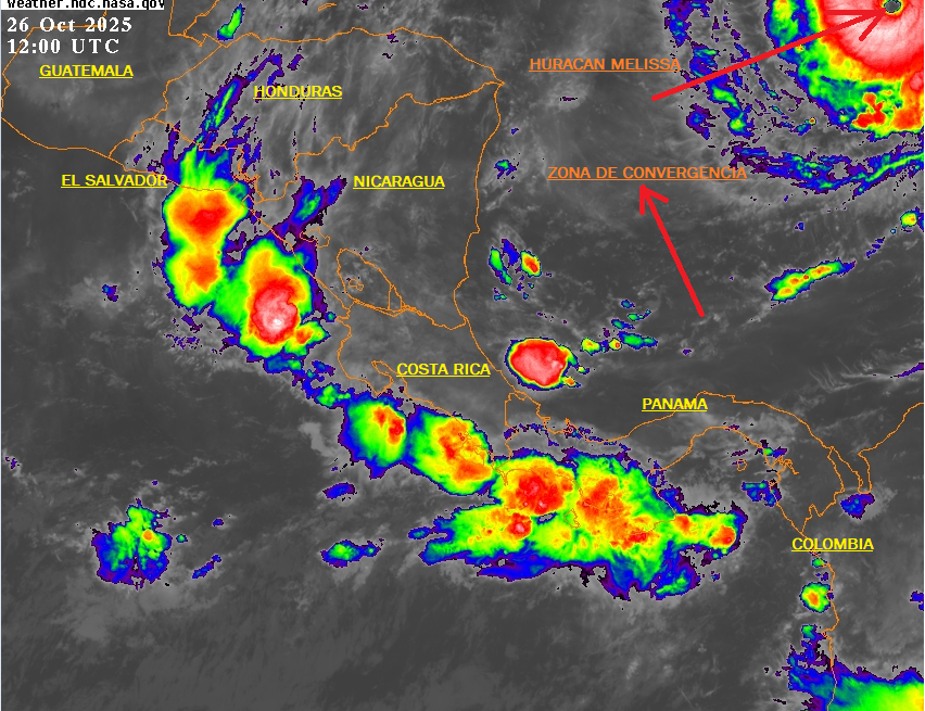 lasose2002's tweet photo. La zona de convergencia y una vaguada, apoyan los aguaceros y tormentas sobre las aguas del Pacífico adyacente de Panama, Costa Rica, Nicaragua y el Salvador, incluyendo el sureste de El Salvador. NOTEN, la ubicación de una parte de la zona de convergencia, debido a Melissa. https://t.co/AFkkBoiXeI