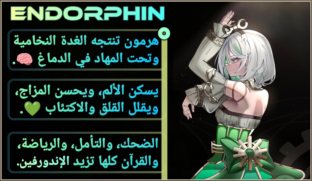 🔰 الإندورفين 🔰

🌐 هو هرمون ينتجه الجسم بشكل طبيعي في الدماغ، ويعمل كمسكن أ.لم طبيعي، ومحسن للمزاج، ويساعد على تخفيف آثار الإجهاد والتوتر.

🌐 يُفرز استجابةً للأ.لم والبكاء، بالإضافة إلى الشعور بالمتعة مثل ممارسة الرياضة، وتناول الطعام، والضحك.