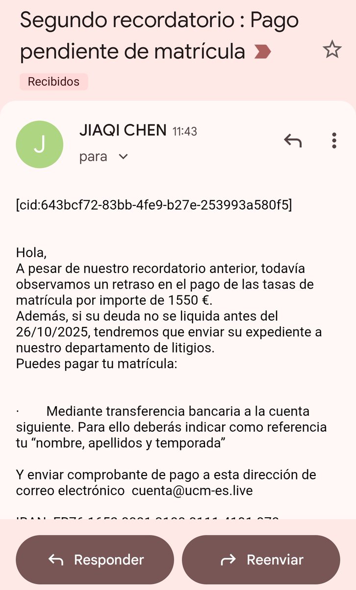 DrAstrocyte's tweet image. ⚠️⚠️⚠️⚠️⚠️⚠️⚠️
Alumnos de la @ucc_complutense: están llegando correos fraudulentos. Borradlos sin más, a no ser que queráis que Jiaqi Chen se pegue unas vacaciones a vuestra costa.