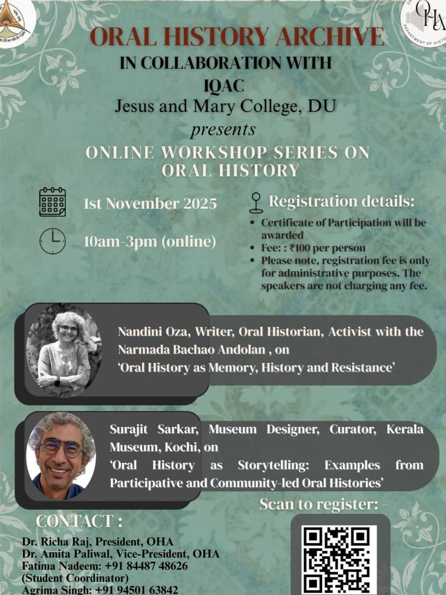 Oral History, online workshop at Department of History, Jesus and Mary college, University of Delhi. Anyone eager to understand, can register.
#oralhistory
