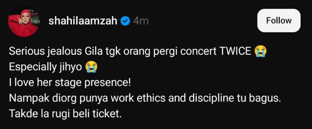 🚨 Shila Amzah, one of the top Malaysian singer, stated that:

“I’m so jealous for those who went to TWICE’s concert, especially Jihyo, I love her stage presence! They shown their excellent work ethics and discipline. The concert ticket was worth it.”