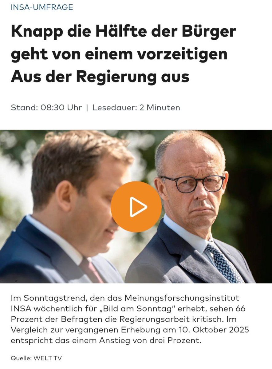 Fast die Hälfte der Bürger glaubt laut INSA-Umfrage an ein vorzeitiges Ende der Regierung.
Wir können den Wandel beschleunigen:
Über 21.530 Menschen fordern den Rücktritt von Friedrich Merz.
Jetzt teilen &amp; mitwirken 👉 openpetition.de/!ruecktrittmerz

#Petition #Demokratie #Merz