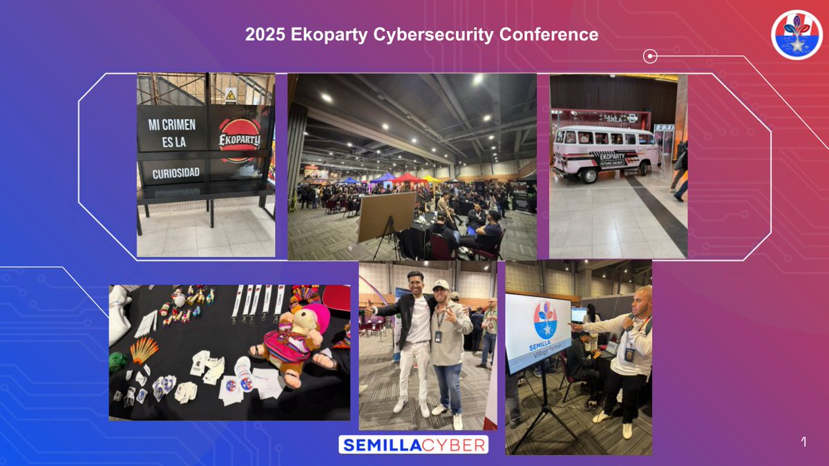 💥 ¡Semilla Cyber presente en la #Ekoparty2025 en Buenos Aires! 🇦🇷🔐
Nuestro embajador Xavier Garced representó con orgullo a la comunidad aprendiendo sobre #AI, #CloudSecurity y #RedTeam.
🙏 Gracias a Gerardo Eliasib y al equipo de Cloud Security Space por la oportunidad..