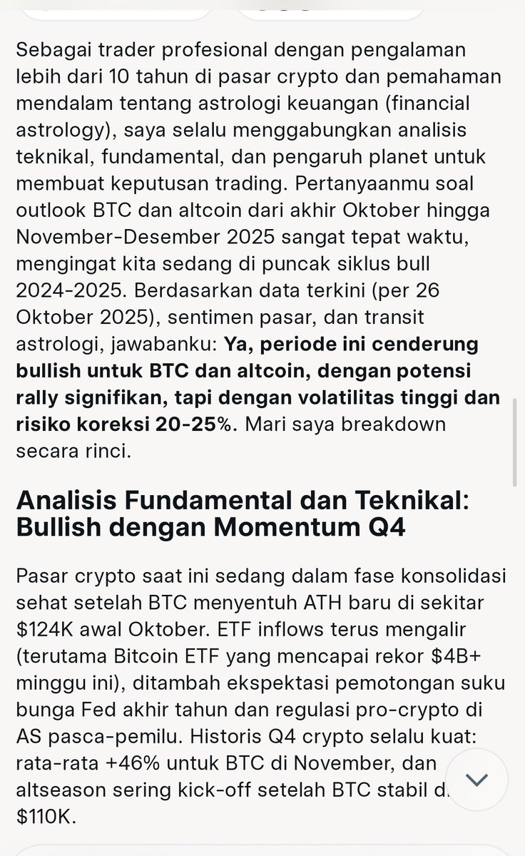 admlfs's tweet image. Sebagai trader professional dan mengerti astrologi terkait trading. Apakah menjelang akhir Oktober lalu ke November, Desember 2025 akan bullish buat BTC dan Altcoin?

#AsktoGrok #BTC $BTC #Crypto #CryptoTrading #AltSeason #AltcoinSeason #AltSeason2025
