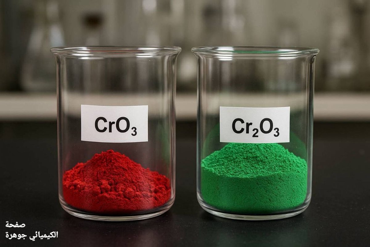 💥الفرق

ثلاثي اكسيد الكروم CrO₃
🔸حالة أكسدة +6 الأعلى والأخطر!
🔸مادة مؤكسدة قوية جدًا
🔸مادة مسرطنة ومؤكسدة بشدة — يجب التعامل معها بحذر

اكسيد الكروم الثلاثي Cr₂O₃
🔸حالة أكسدة +3 أكثر استقرارًا وأمانًا
🔸يُستخدم كصبغة في الدهانات والخزف
🔸أمنة جدا.