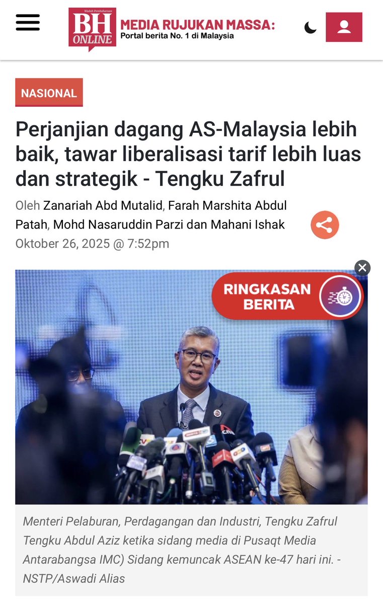PC by <a href="/tzafrul_aziz/">Tengku Zafrul 🇲🇾</a>  - trade deal with US gives Malaysia more favourable access, provides clarity.

Confirmed that 1,711 tariff lines exempted from 19pc, include products like rubber, cocoa, aerospace and pharmaceuticals.

Also, favourable consideration regarding semiconductors.