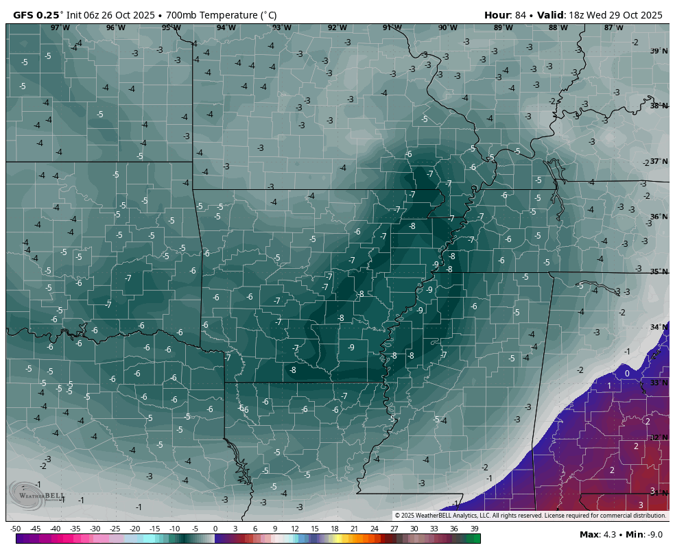 ryanvaughan's tweet photo. Cold Air Funnels Wednesday? You heard it here first. Cold air funnels are possible on Wednesday. Temperatures at 700mb will be very cold... one of a few ingredients I look for in forecasting cold air funnels. Wednesday looks raw all around! Showers, 30 mb wind gusts, and 40s. Brr https://t.co/ArCUgrVFLe