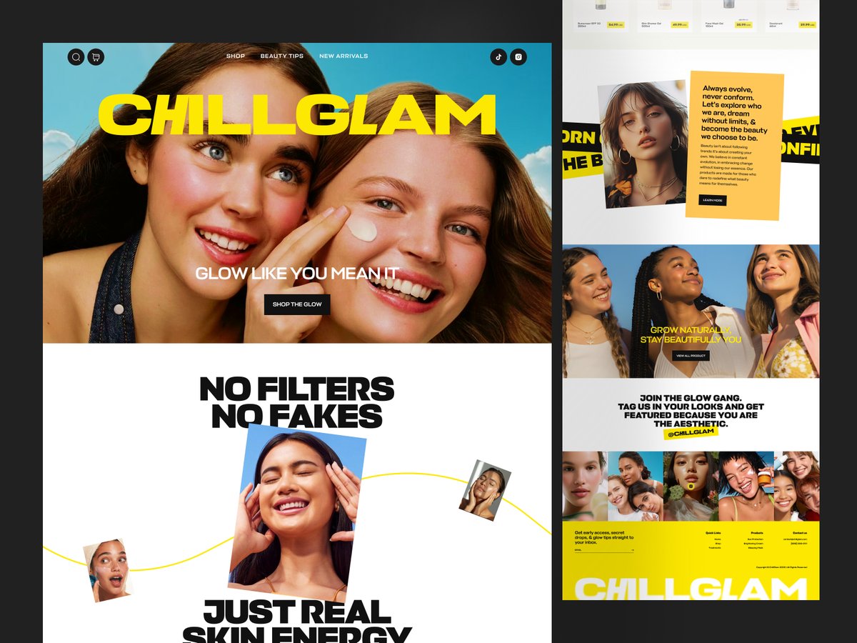 Seativedigital's tweet image. 𝗖𝗵𝗶𝗹𝗹𝗚𝗹𝗮𝗺 - 𝗦𝗸𝗶𝗻𝗰𝗮𝗿𝗲 𝗲𝗖𝗼𝗺𝗺𝗲𝗿𝗰𝗲 𝘄𝗲𝗯𝘀𝗶𝘁𝗲
Introducing ChillGlam - a skincare eCommerce website designed to empower real beauty. 
Dribbble Shot👇