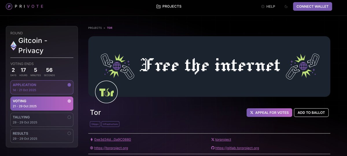 Great to see experienced organisations participating in <a href="/gitcoin/">Gitcoin</a> privacy round - <a href="/torproject/">The Tor Project</a> protects network-level privacy for activists, journalists, doctors and you.

Vote &amp; support right here: gitcoin.privote.live/rounds/0/0x088…