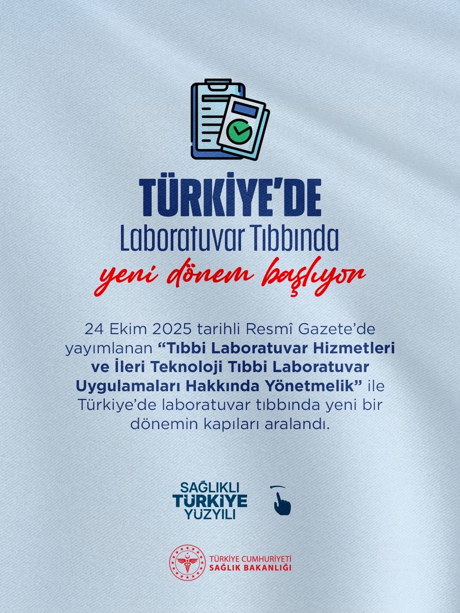 📂 Türkiye’de Laboratuvar Tıbbında Yeni Dönem Başlıyor

☑️ 24 Ekim 2025 tarihli Resmî Gazete’de yayımlanan “Tıbbi Laboratuvar Hizmetleri ve İleri Teknoloji Tıbbi Laboratuvar Uygulamaları Hakkında Yönetmelik” ile Türkiye’de laboratuvar tıbbında yeni bir dönemin kapıları aralandı.