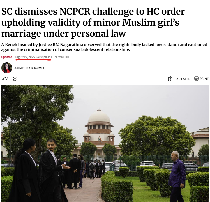 RakeshKishore_l's tweet image. 🚨DOUBLE STANDARDS OF SUPREME COURT, DIFFERENT CONSENT LAWS FOR DIFFERENT COMMUNITY‼️ 

THE SUPREME COURT ON 18 August dismissed a plea by the NCPCR challenging a Punjab and Haryana High Court ruling from 2022 which held that a 16-year-old Muslim girl could enter into a valid…