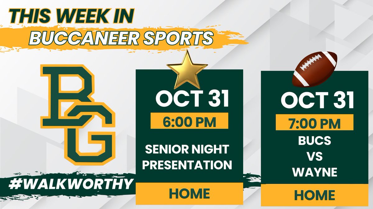 This Friday night will be one to remember as we recognize our senior football players, cheerleaders, and dancers before their final regular season game.  
#BowlingGreenSchool #BucStrong #GeauxBucs #BucNation #WalkWorthy #BGS