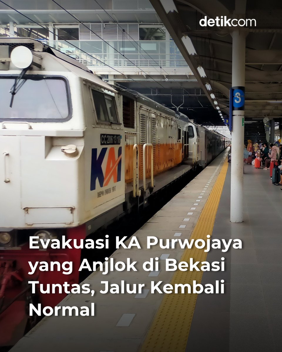detikcom's tweet photo. PT Kereta Api Indonesia (Persero) sebut proses evakuasi seluruh rangkaian KA Purwojaya (58F) yang anjlok di Stasiun Kedunggedeh, Kabupaten Bekasi telah selesai seluruhnya pukul 02.00 WIB, Minggu (26/10/2025).β£
β£
>> https://t.co/WUeQrAoHOi
#PTKAI #KeretsApi #detikcom https://t.co/mN5pzlcUoA