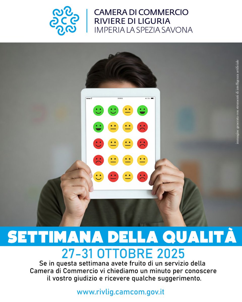 CCIAARIVLIG's tweet photo. Parte lunedì la settimana della Qualità / CCIAA Riviere di Liguria 2025 
Nelle sedi camerali di Imperia, La Spezia e Savona potrai farci sapere la tua opinione 
Leggi nel sito: https://t.co/W2R0Tu3KwJ
#cciaarivlig #settimanadellaqualita https://t.co/MkvdEsQUwI
