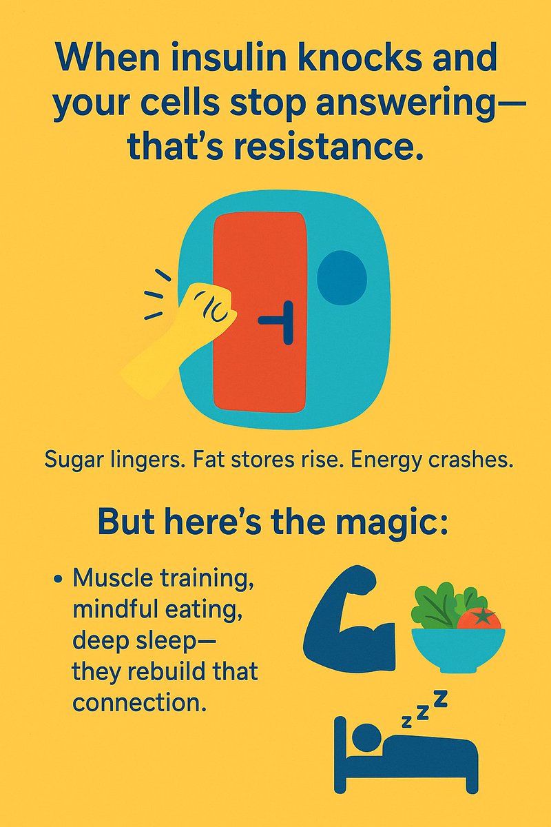 rs8593's tweet photo. Relatable, Human
When insulin knocks and your cells stop answering—
that’s resistance.
Sugar lingers. Fat stores rise. Energy crashes.
But here’s the magic:
Muscle training, mindful eating, deep sleep—
they rebuild that connection.

#Insulinresistance
#metabolichealth
#fitness https://t.co/f7dmNsPevV