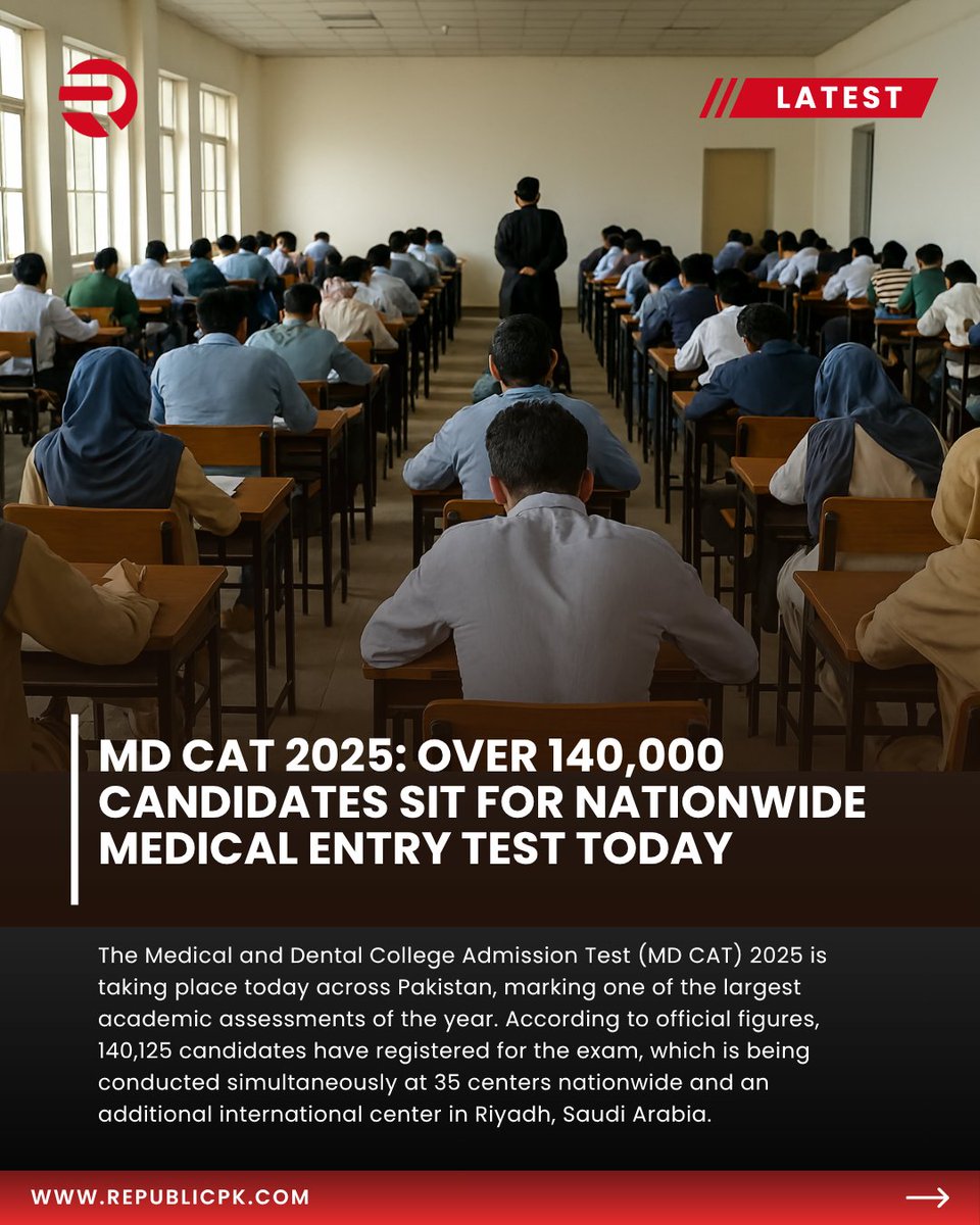 republicpk1's tweet image. 194 Pakistani candidates are appearing for the exam at the Riyadh center, which is being supported by the Pakistani embassy.

Details : republicpk.com/mdcat-2025-exa…

#MDCAT2025 #Pakistan #MedicalEntryTest #FutureDoctors #EducationNews #PMDC #MedicalStudents