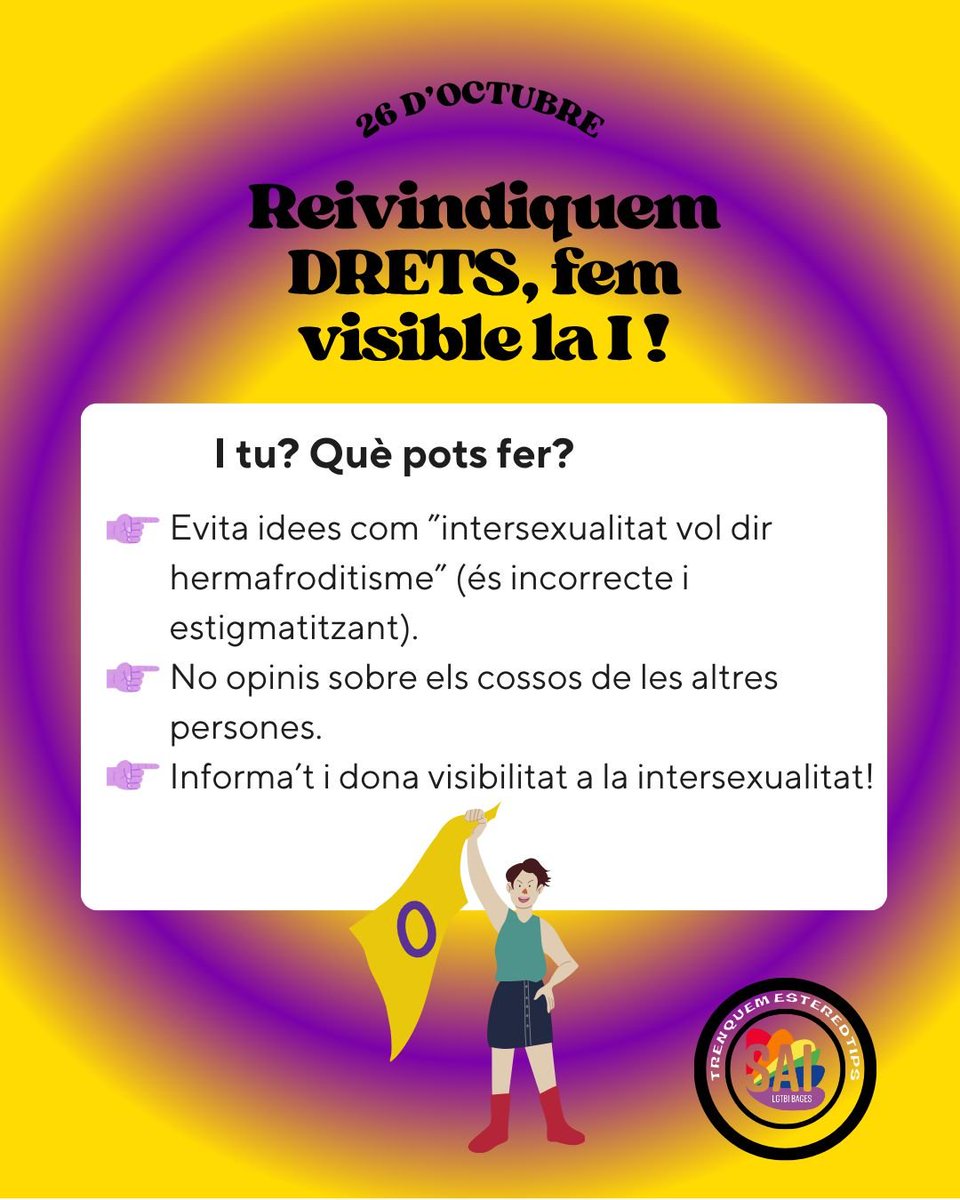 💜 Avui 26 d’octubre celebrem el Dia de la Visibilitat Intersexual, reconeixem la diversitat i reivindiquem els drets de les persones intersexuals.

La visibilitat és el primer pas cap a la igualtat real.

🌈 Fem del Bages un territori orgullosament divers i respectuós.