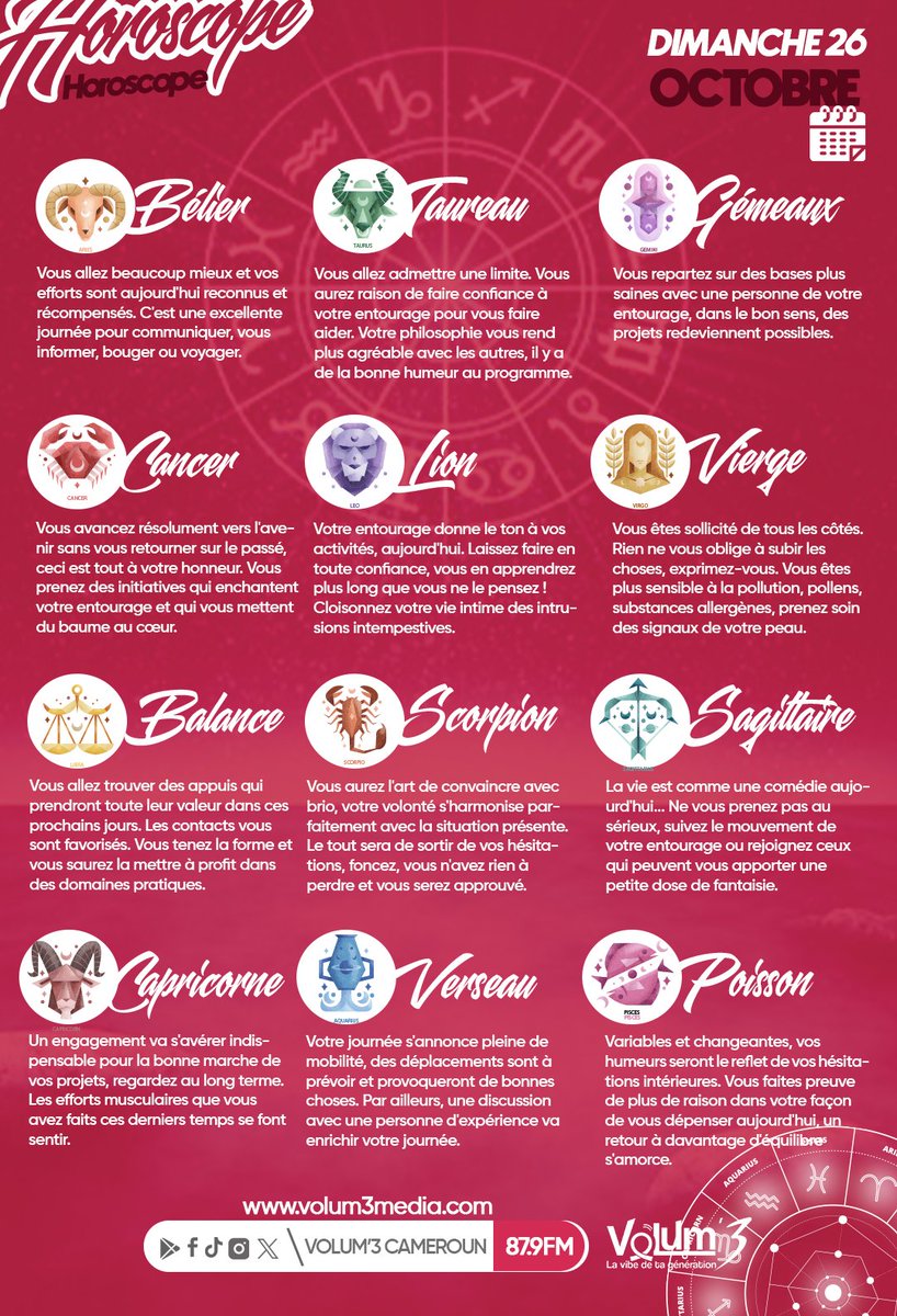 Volum3Cameroun's tweet image. 🌌L&apos;Horoscope du jour ___ Découvrez ce que votre signe réserve pour cette journée placée sous le signe des énergies positives et du renouveau. 

#LaVibeDeTaGeneration
#horoscopedujour
#hellooctober