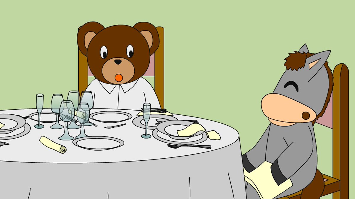 yashirogram's tweet image. Onigiri Bear, visibly nervous at his first fancy restaurant, was in for a surprising faux pas. 🍽️