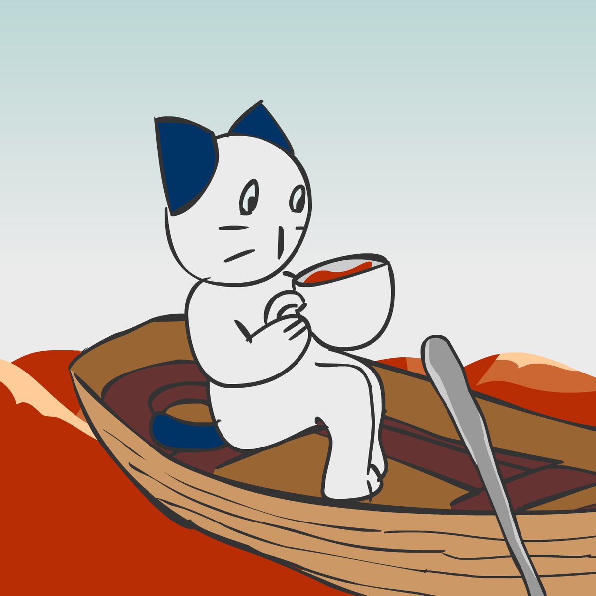 yashirogram's tweet image. ☕️🫖 Mewn was about to take a break and drink some tea on the boat.  
🚤 But then, an unexpected incident happened!