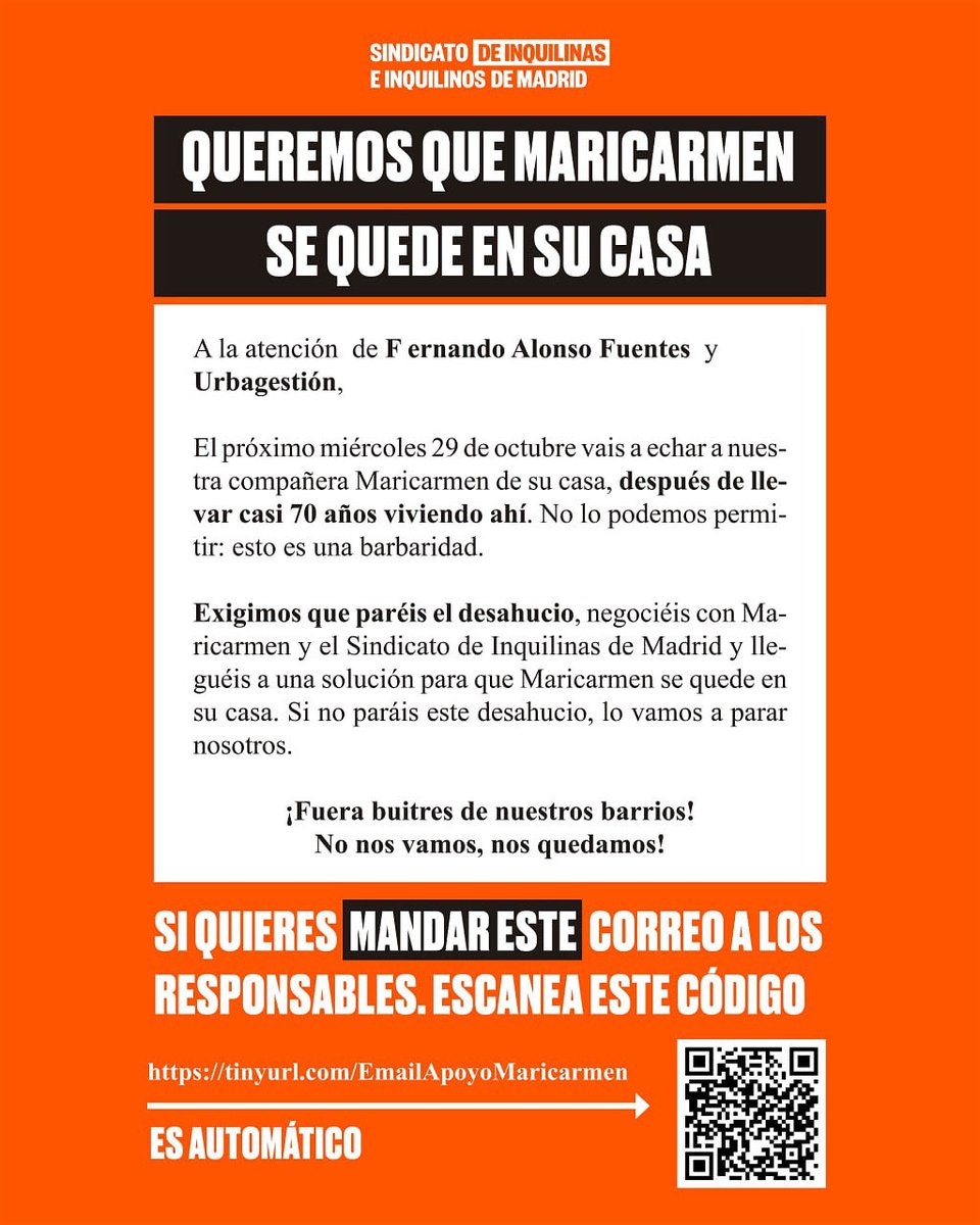 🚨 ¿Quieres ayudar a Maricarmen y no sabes cómo? 🚨

Manda un email a Urbagestión exigiendo la negociación con Maricarmen y el Sindicato🔥

👉 Pincha en el link o copia la URL (tinyurl.com/EmailApoyoMari…) y con solo dos clicks el mail queda enviado ❤️‍🔥

Paremos esta injusticia💥