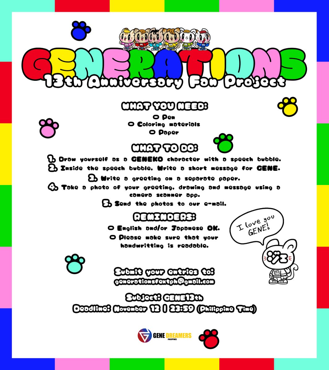 GENEfextPH's tweet photo. Attention all #DREAMERS Neko! 😺

#GENERATIONS 13th Anniversary is just around the corner!
We’re inviting all DREAMERS from all around the world to celebrate with us☺️

Let’s send our heartfelt greetings and messages to GENE together 💛

Please refer to the pic for more details⤵️ https://t.co/cIJF8tNpZP