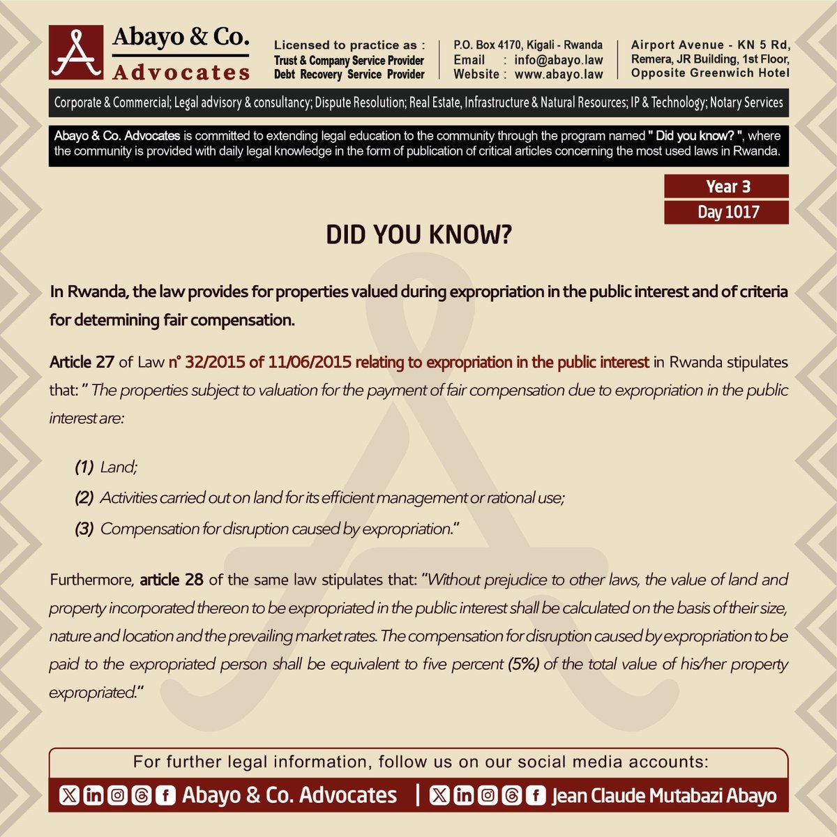 ◉  Are you aware of properties valued during expropriation in the public interest?

◉  Are you aware of criteria for determining fair compensation?

This is what the law provides ⤵️ 

#ReadtoKnowtheLaws #SomaUmenyeAmategeko #TumenyeAmategekoAtugenga #bestlawfirminrwanda
