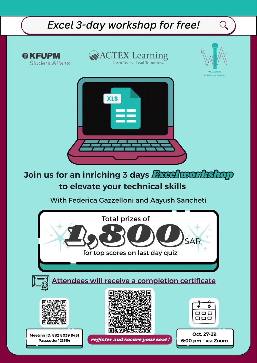 💥Excel like a pro!
Join our FREE 3-day Excel Workshop ⚡️
📅 Oct 27–29 | 🕕 6 PM | 💻 Zoom
🏆 Win 1,800 SAR + 🎓 Free certificate
Open to all universities! Don’t forget to register and secure your seat 🔗

تبغى تصير محترف Excel؟
انضم لورشة الإكسل المجانية،جوائز بقيمة 1800 ريال🎁!
