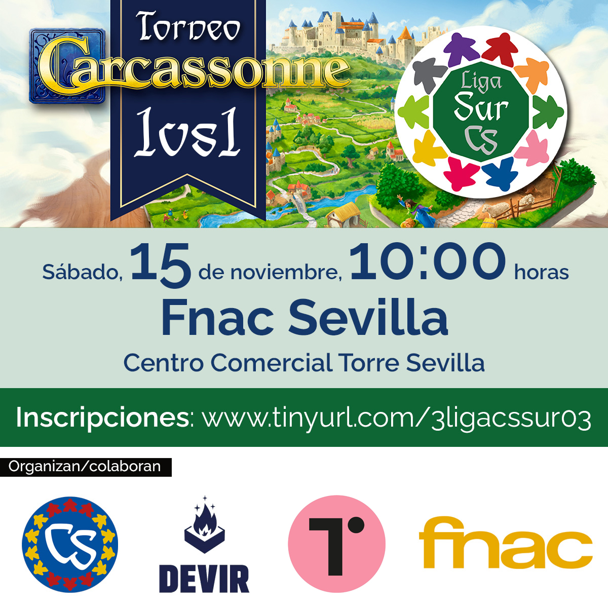 CarcassonneEs's tweet photo. ¡Esto es un no parar! ¡Ya puedes apuntarte al 3er torndeo de #LigaCSSur! 😉
No esperes mucho, porque las plazas son limitadas y estamos "on fire" 🔥.
🗓 15 NOV
⏰10.00 h.
📍@CCTorreSevilla
🔗https://t.co/j7J9gbJmGL
cc @Fnac_ESP @DevirIberia https://t.co/7ePTStbMOH