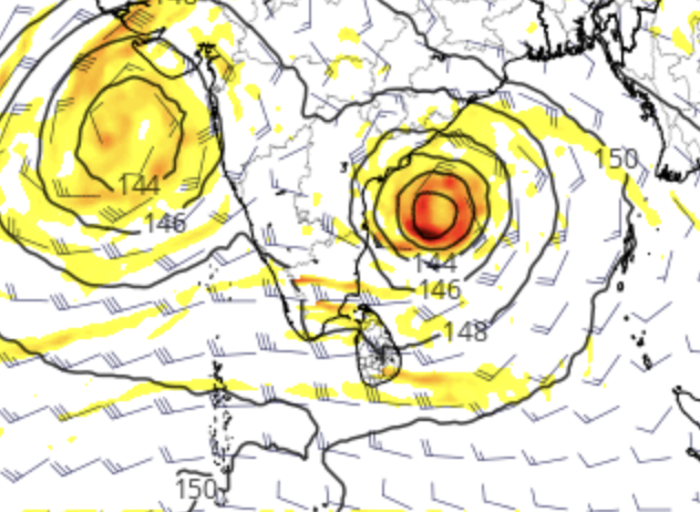 chennaiweather's tweet photo. 2 pm update: The ECM model shows the #94B system moving north/northwest, away from #Chennai, without even coming close.

ECM மாதிரி, #94B அமைப்பை #Chennai அருகே வராமல், வட / வடமேற்குத் திசையில் தூரமாக நகரும் வகையில் காட்டுகிறது. https://t.co/wZlqorlhgm
