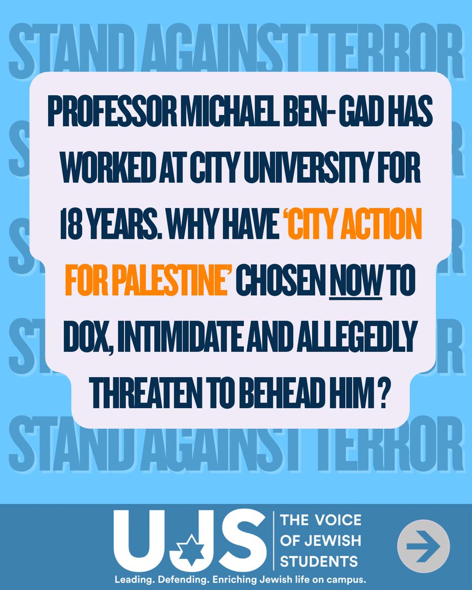 UJS_UK's tweet image. Professor Ben-Gad has worked at City University for 18 years. Why have “City Action for Palestine” chosen now to dox, intimidate, and allegedly threaten to behead him?

Because a culture of impunity has festered for two years, and extremist groups have never been so emboldened ⬇️