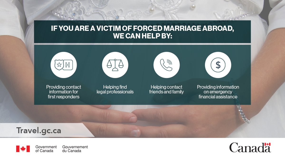 If you are a Canadian abroad or know a Canadian abroad who may be facing forced marriage, confidential help and information is available. Learn about your rights and available support: ow.ly/E24k50XhZU7