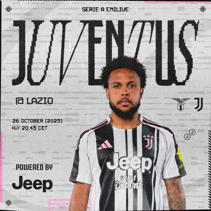 Graphic design with pink and white background featuring bold text JUVENTUS in large letters, LAZIO below it, date 26 OCT 2023, time 20:45 CET, Serie A EmiLive logo at top, Juventus eagle and Lazio eagle emblems, central image of male soccer player with beard and tattoos wearing black and white Juventus home jersey with Jeep sponsor logo, Adidas stripes, numberless back, standing pose, bottom text Powered by Jeep.