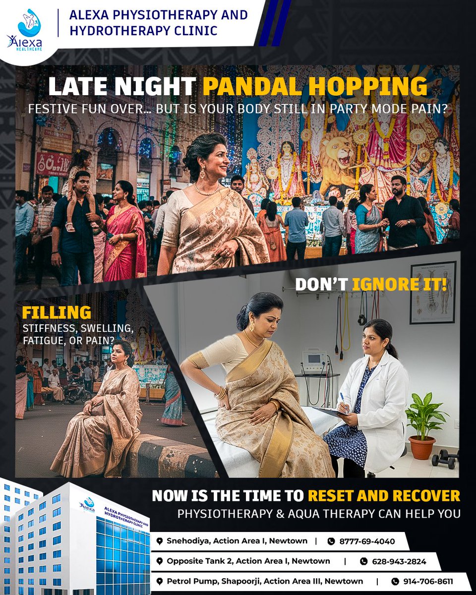 Festivities are over, but is your body still feeling the load? 🎊
Physiotherapy helps release muscle tension, ease joint pain, and restore your energy—naturally.

📍 Locations:
* Snehodiya, AA I, Newtown
* Opposite Tank 2, AA I, Newtown
* Petrol Pump, Shapoorji, AA III, Newtown
