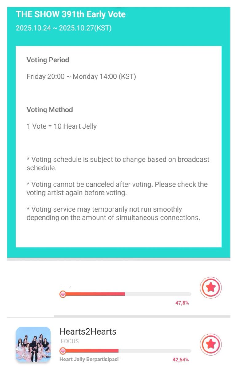 H2H_INA's tweet image. [🗳] &apos;THE SHOW&apos; EARLY VOTE

S2U~ early vote untuk The Show akan ditutup BESOK!! Dan saat ini Hearts2Hearts berada di posisi #2.

Kita punya kesempatan besar untuk mendapatkan piala di The Show jadi untuk semunya mohon jangan lupa vote di aplikasi Star Planet. Siapkan amunisi juga…