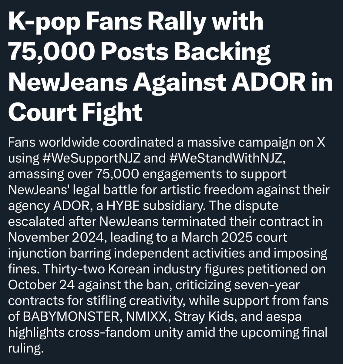 Seeing k-pop fandoms unite in support of NewJeans' fight is incredibly moving ✊😭

#WeSupportNJZ #WeStandWithNJZ