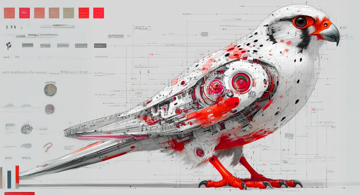 phokuinc's tweet image. Mechanized Falcon, part divine predator, part soaring machine. Absolute power in this hybrid form. Contrast between the organic feathers and the intricate, red-accented metal chassis #FantasyArt #Biomechanical #SteampunkDesign #SciFi