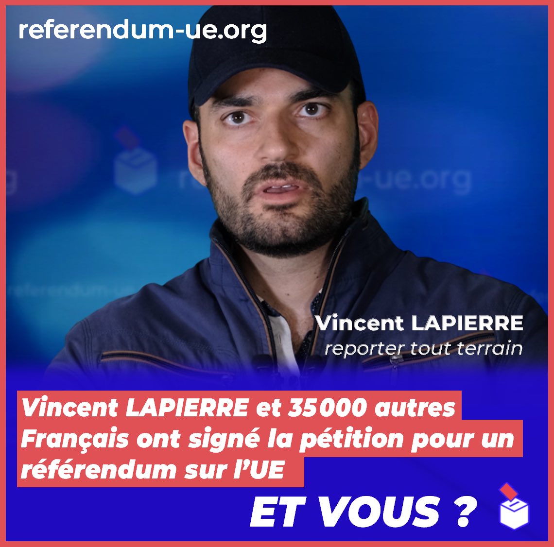 ReferendumUE's tweet photo. 🔴 Journaliste indépendant, Vincent LAPIERRRE a signé notre pétition.
Aujourd'hui, comme + de 35 000 autres citoyens 🇫🇷, signez notre pétition ! Il est temps.
✍️ https://t.co/uef2t99qCF
🗳️ #RefUE #ReferendumUE #IlEstTemps #RefUE20ans #RefUE2005 https://t.co/ATG3gMfppo