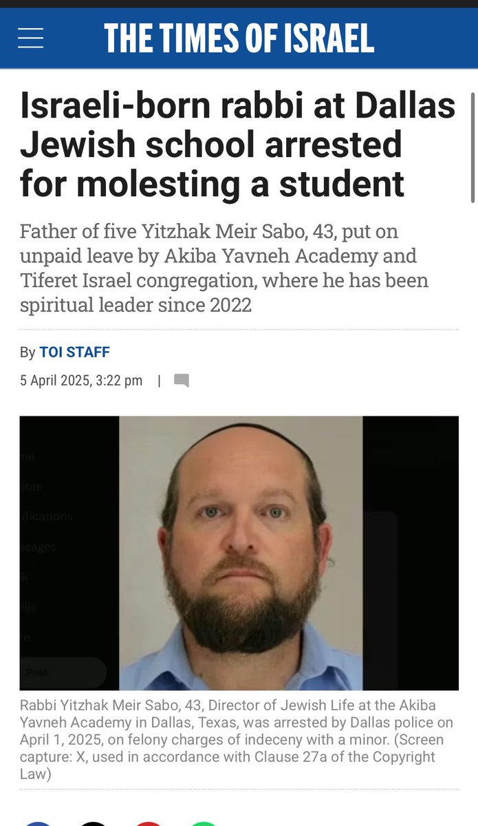 SZade15's tweet image. Yep, that same Israeli born rabbi, who went viral spreading the “Hamas mass rape” propaganda was arrested in Dallas. He molested a high-school student, “puIling down the boy’s pants̱, touching him, and giving ‘massages’”
Why was it buried so fast?