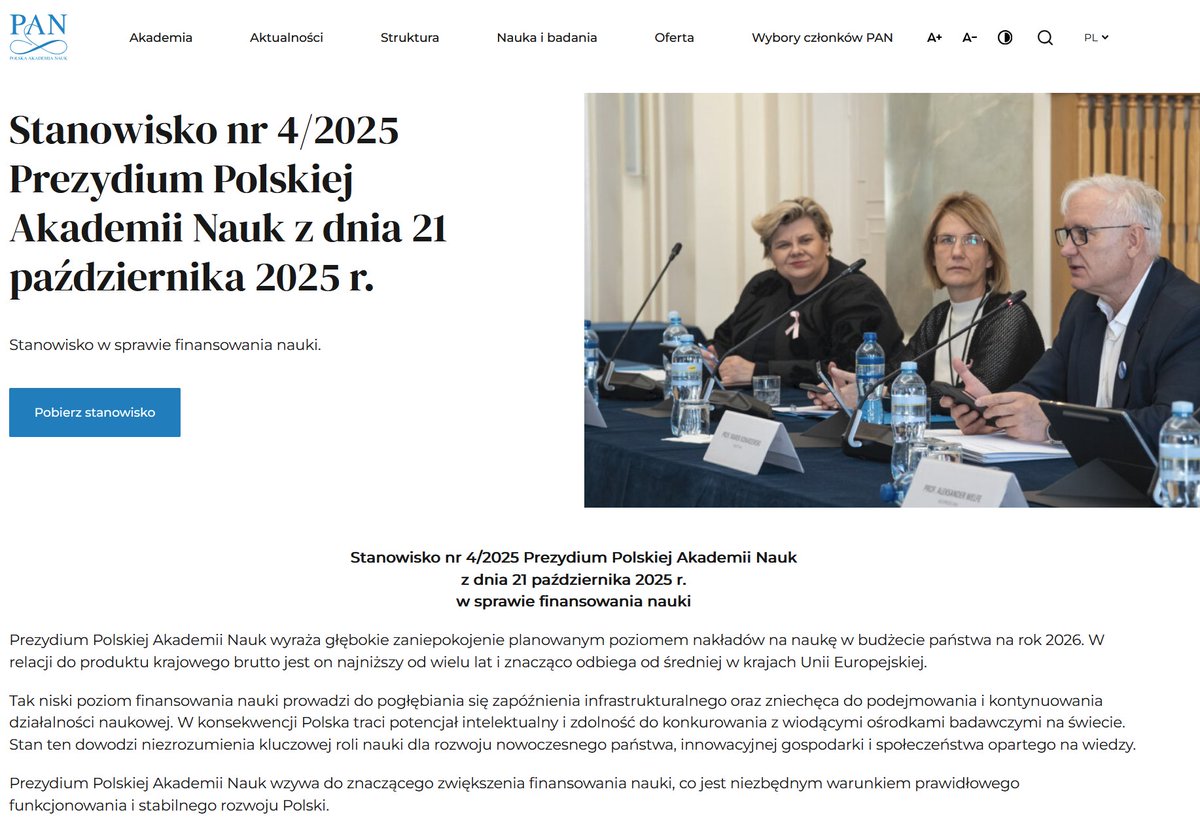 Michał Żmihorski (@mzmihorski) on Twitter photo Stanowisko Polskiej Akademii Nauk (skrót):
Prezydium PAN wyraża głębokie zaniepokojenie  planowanym poziomem nakładów na naukę w budżecie na rok 2026. W  relacji do PKB jest on najniższy od wielu lat i  znacząco odbiega od średniej w UE. W konsekwencji Polska traci potencjał Stanowisko Polskiej Akademii Nauk (skrót):
Prezydium PAN wyraża głębokie zaniepokojenie  planowanym poziomem nakładów na naukę w budżecie na rok 2026. W  relacji do PKB jest on najniższy od wielu lat i  znacząco odbiega od średniej w UE. W konsekwencji Polska traci potencjał