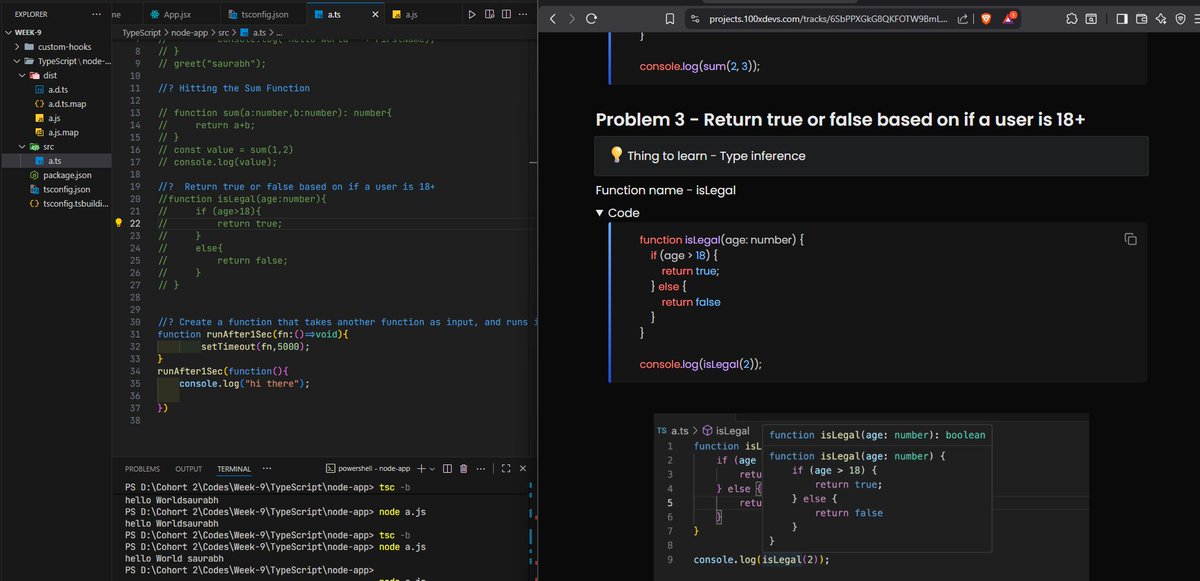 Saurabh_Omega's tweet image. Week 9.2  TypeScript Deep Dive
Explored:
🔹 Strongly vs Loosely typed languages
🔹 Basics of TypeScript &amp; tsc compiler
🔹 tsconfig.json setup with rootDir &amp; outDir
🔹 Functions, setTimeout, and nonImplicitAny
Learning under @kirat_tw @100xDevs
#TypeScript #WebDev #100xDevs