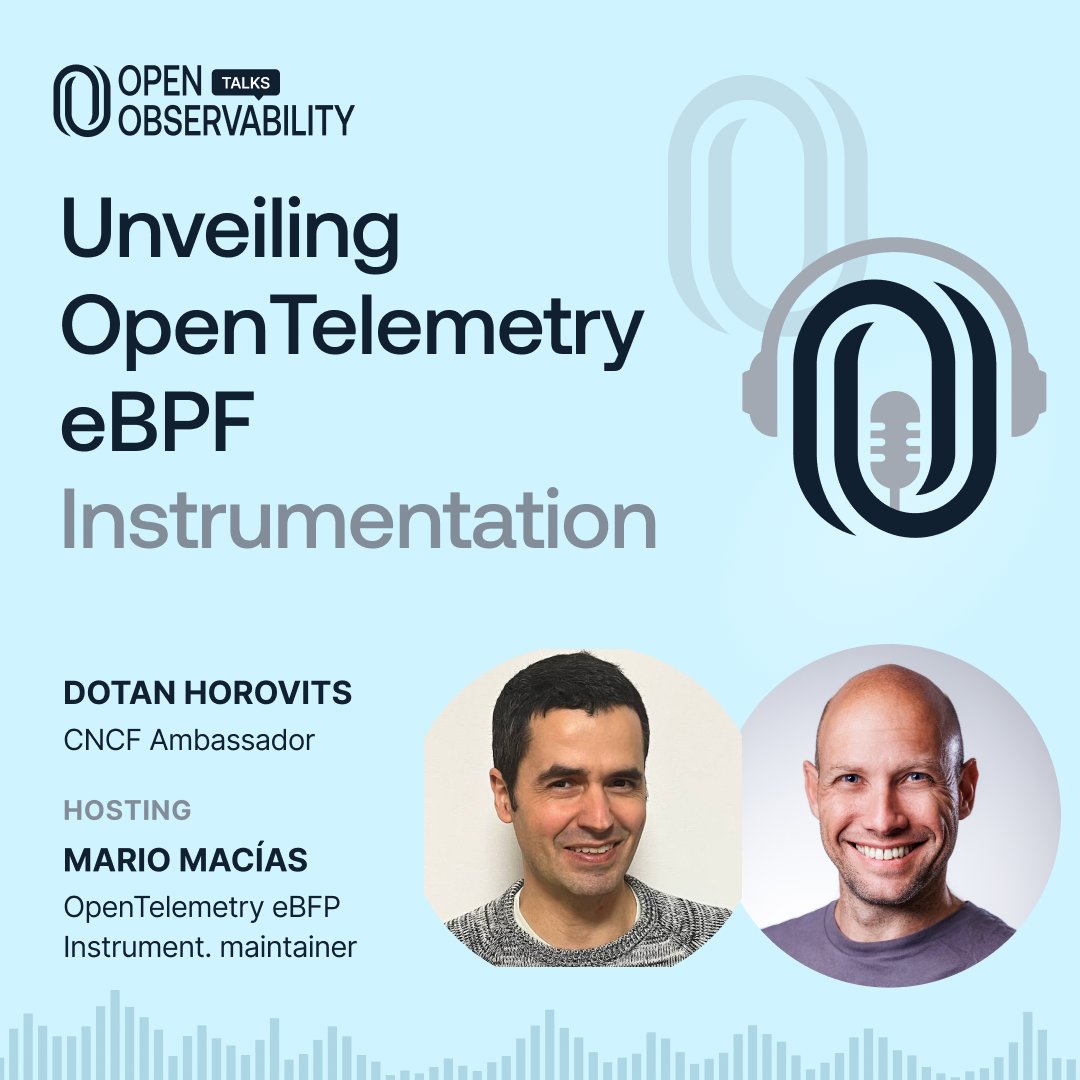 OpenObserv's tweet image. 📢 October episode is out! 📢
Unveiling #OpenTelemetry #eBPF Instrumentation
With @horovits hosting the project's co-creator and maintainer @MaciasUpc; Principal SW Engineer @grafana 
🎧 podcasters.spotify.com/pod/show/openo…
📺 youtube.com/watch?v=u-J3O5…
Recap post:
👉 medium.com/p/377cb0432bf1