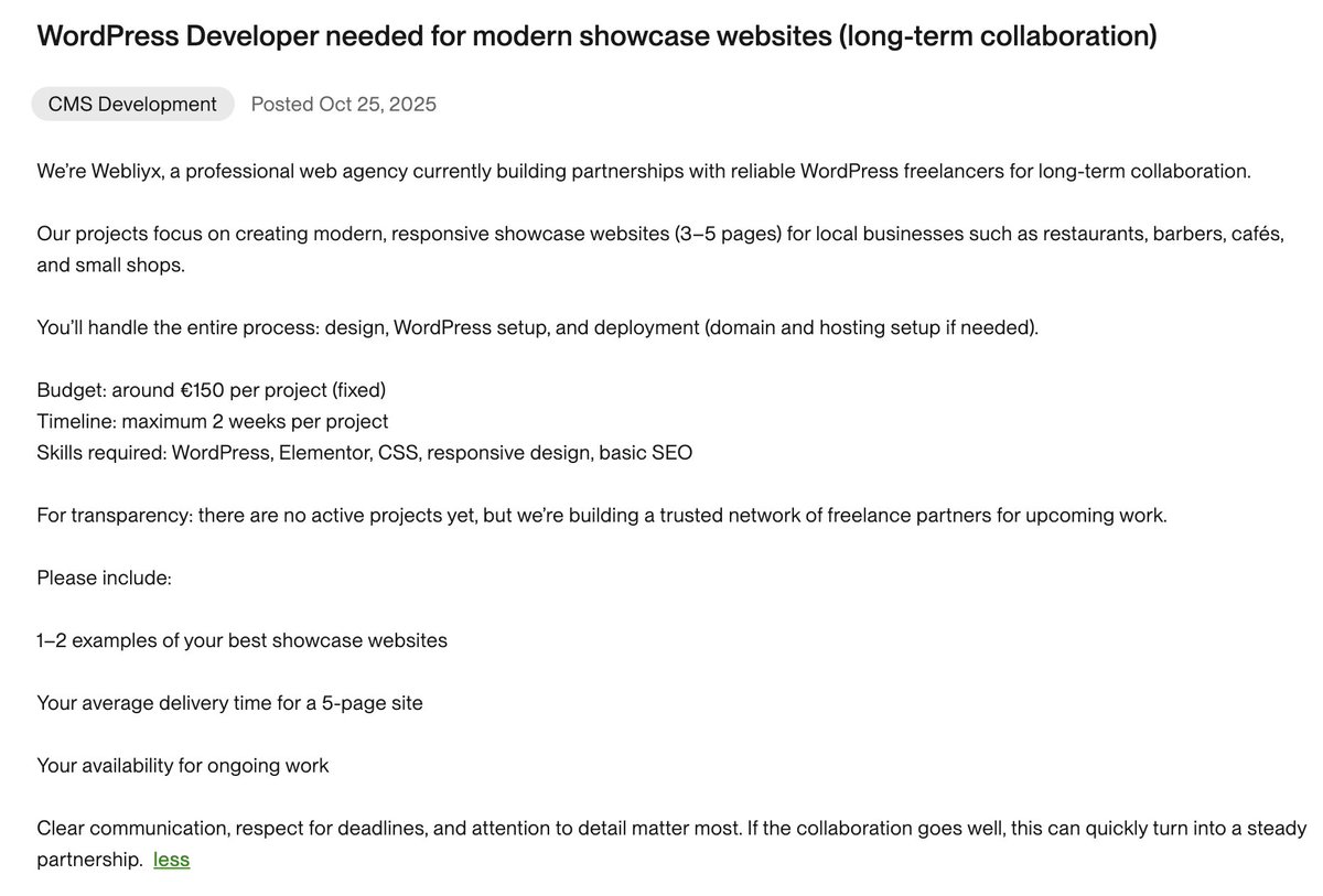 juliancamposes's tweet image. ¿Qué os parece esta oferta de UpWork?
👉Wordpress (Elementor)
👉 Proyectos de 5 páginas con SEO básico (supongo que implementar plugin)
👉 Timeline: 2 semanas por proyecto
👉 Precio: 150USD por proyecto
Y bueno, con atención al detalle, por supuesto.
